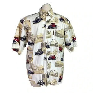 North River Men M Vintage Pickup Trucks Scenic Shirt Ivory Multi Cotton SS